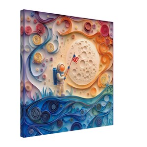 Allunaggio, opera d'arte di un astronauta che pianta la bandiera sulla Luna, stampa su tela con disegno di carta quilling, #paperquilling