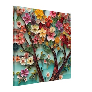 Floral Bliss, Paper Quilling Artwork of Vibrant Flowers and Branches, Quilled Paper Design Canvas Print, #paperquilling