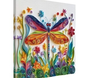 Colorful Dragonfly, Paper Quilling Artwork of a Dragonfly and Flowers, Quilled Paper Design Canvas Print, #paperquilling