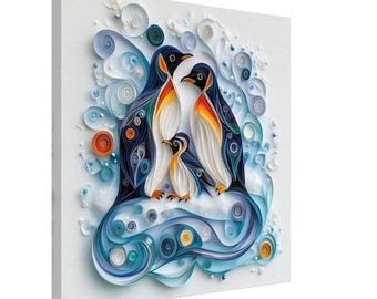 Penguin Family, Paper Quilling Artwork of Penguins in a Snowy Landscape, Quilled Paper Design Canvas Print, #paperquilling