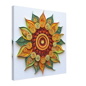 Mandala floreale vibrante, opera d'arte di fiori e foglie realizzata con la tecnica del quilling su carta, stampa su tela con disegno realizzato con la tecnica del quilling, #paperquilling