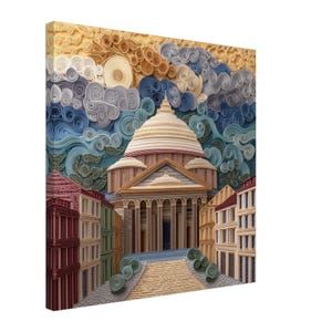 Pantheon al tramonto, opera d'arte del Pantheon romano realizzata con la tecnica del quilling su carta, stampa su tela con disegno realizzato con la tecnica del quilling, #paperquilling