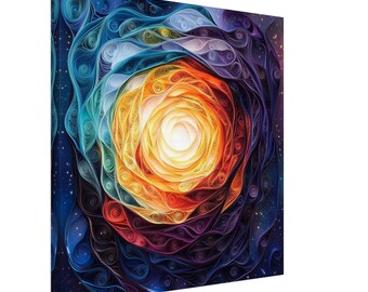 May include: A colorful abstract art print featuring a swirling galaxy-like design made of paper. The design is a mix of blues, purples, oranges, and yellows, creating a sense of depth and movement.