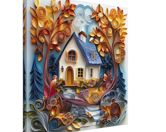 Autumn Cottage, Paper Quilling Artwork of a Cozy Cottage in Autumn, Quilled Paper Design Canvas Print, #paperquilling