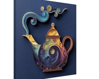 May include: A colorful paper quilling art piece of a teapot. The teapot is a vibrant mix of colors, including yellow, orange, purple, and blue. The steam is a swirling blue and yellow design. The background is a solid dark blue.