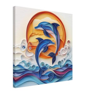 Delfini al tramonto, opera d'arte di delfini e onde dell'oceano realizzata con la tecnica del quilling, stampa su tela con disegno su carta quilling, #paperquilling