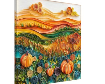 Autumn Harvest, Paper Quilling Artwork of Pumpkins in a Fall Landscape, Quilled Paper Design Canvas Print, #paperquilling