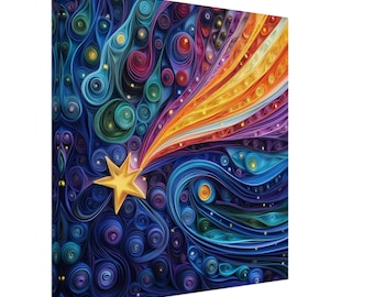 May include: A colorful abstract painting of a shooting star with a five-pointed star at the end of the tail. The background is a swirling pattern of blue, purple, and green.