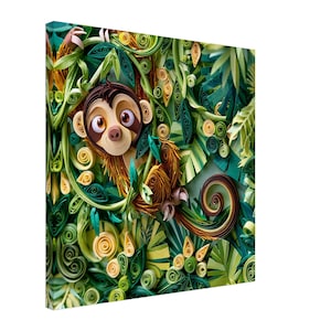 May include: A wall art canvas featuring a paper quilling design of a brown monkey surrounded by lush green foliage. The artwork uses coiled paper strips in shades of brown, yellow, and various greens to create a textured, layered jungle scene.
