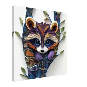 Procione sull'albero, opera d'arte di un procione su un albero realizzata con la tecnica del quilling, stampa su tela con disegno su carta quilling, #paperquilling