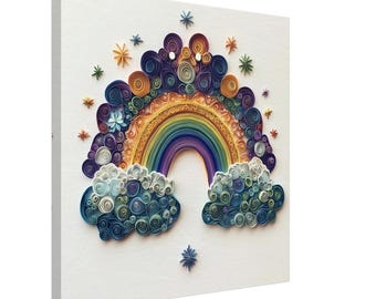 Bonheur arc-en-ciel, oeuvre d'art en papier quilling représentant un arc-en-ciel et des nuages, impression sur toile en papier piquant, #paperquilling