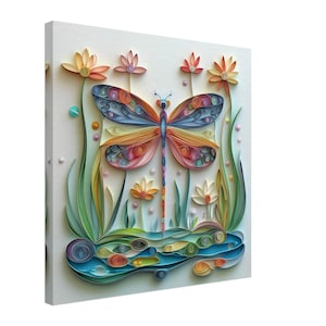 Farbenfrohe Libelle, Papier Quilling Illustration einer lebhaften Libelle in einem Blumengarten, Quilling Papier Design Leinwand Druck, #paperquilling