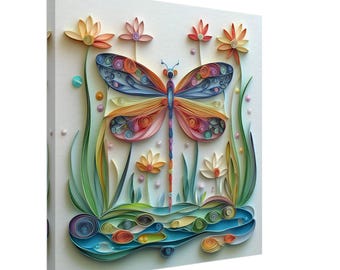 Colorful Dragonfly, Paper Quilling Artwork of a Vibrant Dragonfly in a Floral Garden, Quilled Paper Design Canvas Print, #paperquilling