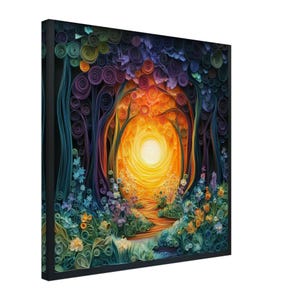 Sentiero nella foresta incantata, opera d'arte di un bosco magico realizzata con la tecnica del quilling, stampa su tela con disegno su carta quilling, #paperquilling