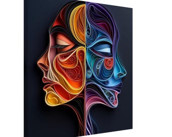 Dual Facets, Paper Quilling Two-Sided Portrait, Quilled Paper Design Canvas Print, #paperquilling