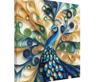 Majestueuze pauw, papier filigraan kunstwerk van een blauwe pauw, gequilleerd papierontwerp canvasafdruk, #paperquilling