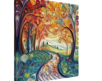 Autumnal Forest Path, Paper Quilling Artwork of Fall, Quilled Paper Design Canvas Print, #paperquilling