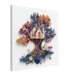 Casa sull'albero stravagante, opera d'arte di quilling di una casa sull'albero in fiore, stampa su tela con disegno di carta quilling, #paperquilling