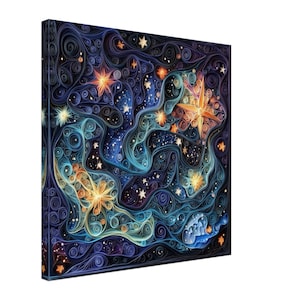 May include: A swirling galaxy of blue, purple and orange paper curls, creating a mesmerising abstract art piece. The artwork features a variety of stars and constellations, with a focus on a large, bright star in the centre.