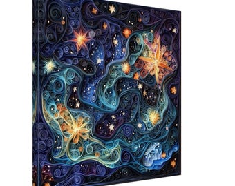 May include: A swirling galaxy of blue, purple, and orange paper curls, creating a mesmerizing abstract art piece. The artwork features a variety of stars and constellations, with a focus on a large, bright star in the center.
