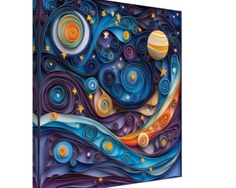 May include: A colorful paper quilling artwork depicting a starry night sky with swirling blue, purple, and orange paper curls. The artwork features a large, yellow and orange planet with white stripes, and a smaller, orange and white planet.