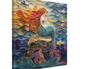 Mermaid by the Ocean, Paper Quilling Artwork of a Mermaid and Sea, Quilled Paper Design Canvas Print, #paperquilling