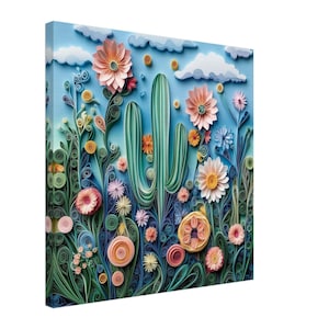 Desert Bloom, opera d'arte di fiori e cactus realizzata con la tecnica del quilling su carta, stampa su tela con disegno realizzato con la tecnica del quilling, #paperquilling