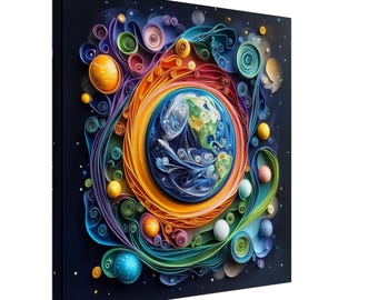May include: A colorful paper quilling artwork depicting a blue and green Earth surrounded by a swirling orange ring and smaller planets. The background is a dark blue with white stars.