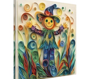 Colorful Scarecrow, Paper Quilling Artwork of a Vibrant Scarecrow, Quilled Paper Design Canvas Print, #paperquilling