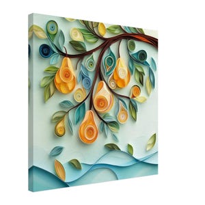 Pere su un ramo con quilling, opera d'arte di quilling di pere gialle con foglie verdi, stampa su tela con disegno di carta quilling, #paperquilling