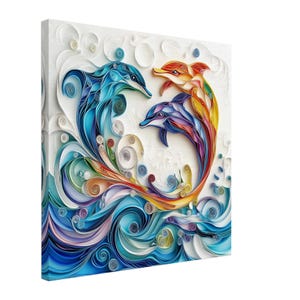 Delfini colorati, opera d'arte di delfini in movimento realizzata con la tecnica del quilling, stampa su tela con disegno realizzato con la tecnica del quilling, #paperquilling