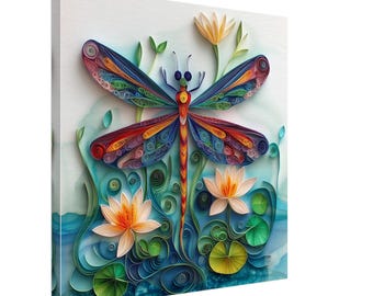 Vibrant Dragonfly, Paper Quilling Artwork of a Dragonfly Amidst Water Lilies, Quilled Paper Design Canvas Print, #paperquilling