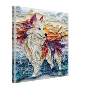 Volpe artica eterea, opera d'arte di un animale invernale realizzata con la tecnica del quilling su carta, stampa su tela con disegno realizzato con la tecnica del quilling, #paperquilling