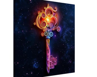 May include: A colorful key made of paper curls against a dark blue background with white stars. The key is a rainbow of colors, with a bright yellow center.