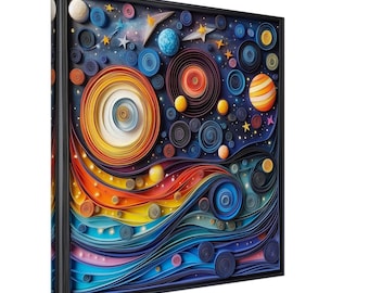 May include: A colorful paper art piece depicting a galaxy with planets, stars, and swirling nebulae. The artwork is framed in black and features a variety of blues, yellows, oranges, and reds.