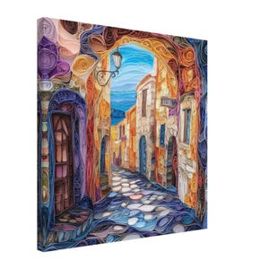 Mediterranean Alleyway, Paper Quilling Artwork of Street Scene, Quilled Paper Design Canvas Print, #paperquilling