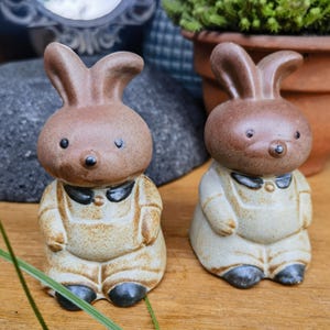 Ibuki zoomorphic salt and pepper shakers with rabbits, Japan, stoneware, circa 1970