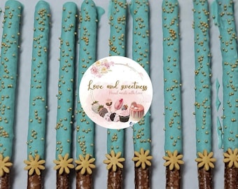 Bâtonnets de bretzels enrobés de chocolat, baby shower, friandises bleu sarcelle et dorées, articles de cadeau, bretzels d'anniversaire, douche nuptiale.