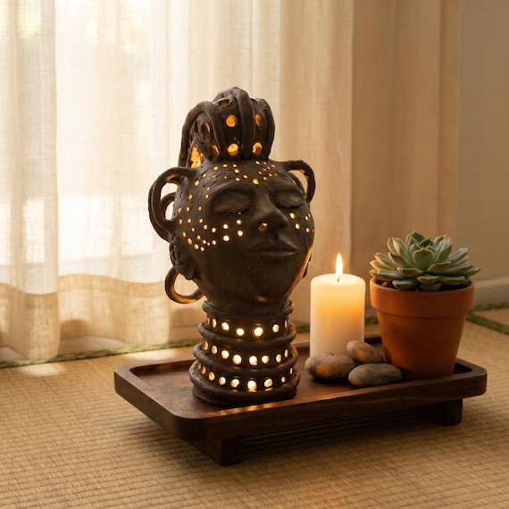A handmade ceramic lamp sculpted into a custom portrait of a specific person — wildly original where light glows through a face someone actually made by hand.