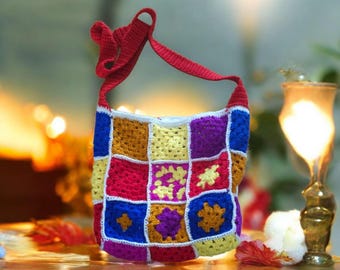 Colorful Granny Square Crochet Shoulder Bag – Boho Crossbody, Handmade Lined Festival Bag