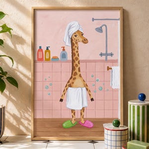 Whimsical Giraffe Bath Time Art, Playful Kids Bathroom Decor (Giclée Print)