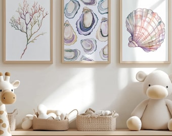 Coastal Watercolor Print Set: Coral, Shell, Ocean Pattern (Digital Download)