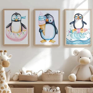 Cute Penguin Digital Art Print Set – Ocean Wall Art for Nursery, Summer Penguin Decor, Baby Girl Room, Happy Bold Pinguin Prints