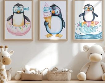 Penguin Nursery Art Print Set: Surfing, Swimming, Ice Cream (Digital Download)