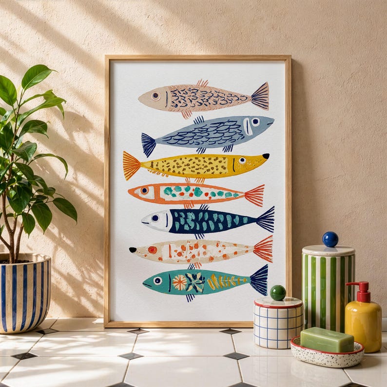 May include: A framed art print featuring seven stylized fish in various colors, including pink, blue, yellow, and orange. Each fish has unique patterns and designs. The artwork is displayed on a white background.