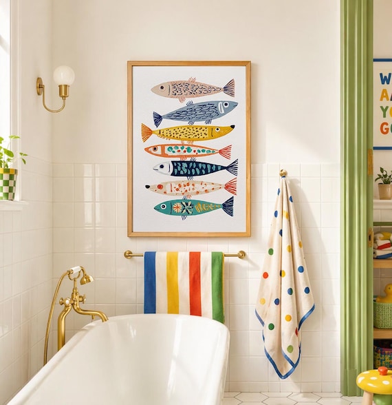 Colorful Fish Wall Decor Print, Coastal Bathroom Art, Ocean Nursery Poster