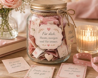 Può includere: Un barattolo di vetro trasparente con coperchio dorato riempito di piccoli foglietti piegati con motivi floreali rosa. Un'etichetta riporta: Für dich. Heute, morgen und für immer. Un cartellino marrone legato con spago riporta: Mit Liebe. Tre note sono davanti.