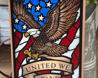 Patriotic United We Stand painted stenciled wood sign