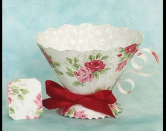 Victorian Teacup Party Favors, Vintage Roses Pink Red / Tea Party, High Tea, Bridal or Baby Shower, Birthday / DIY Instant Download PDF File