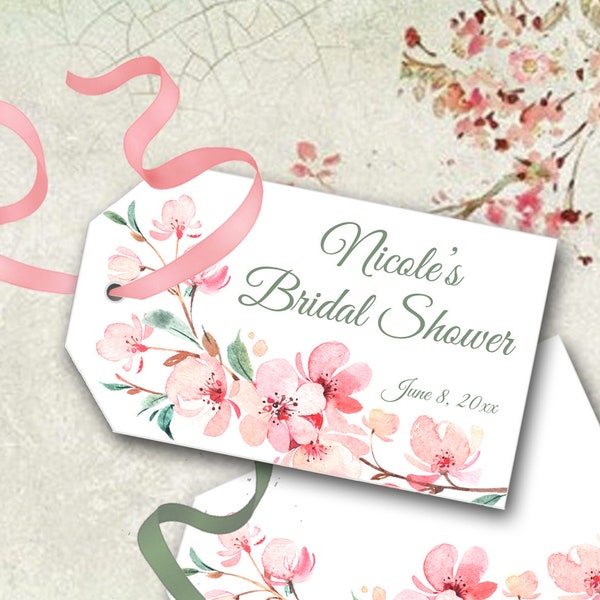 Cherry Blossom Tag, Personalized or Blank, Delicate Watercolor Flowers, Pink and Green, Bridal or Baby Shower, Asian, DIY YOU PRINT